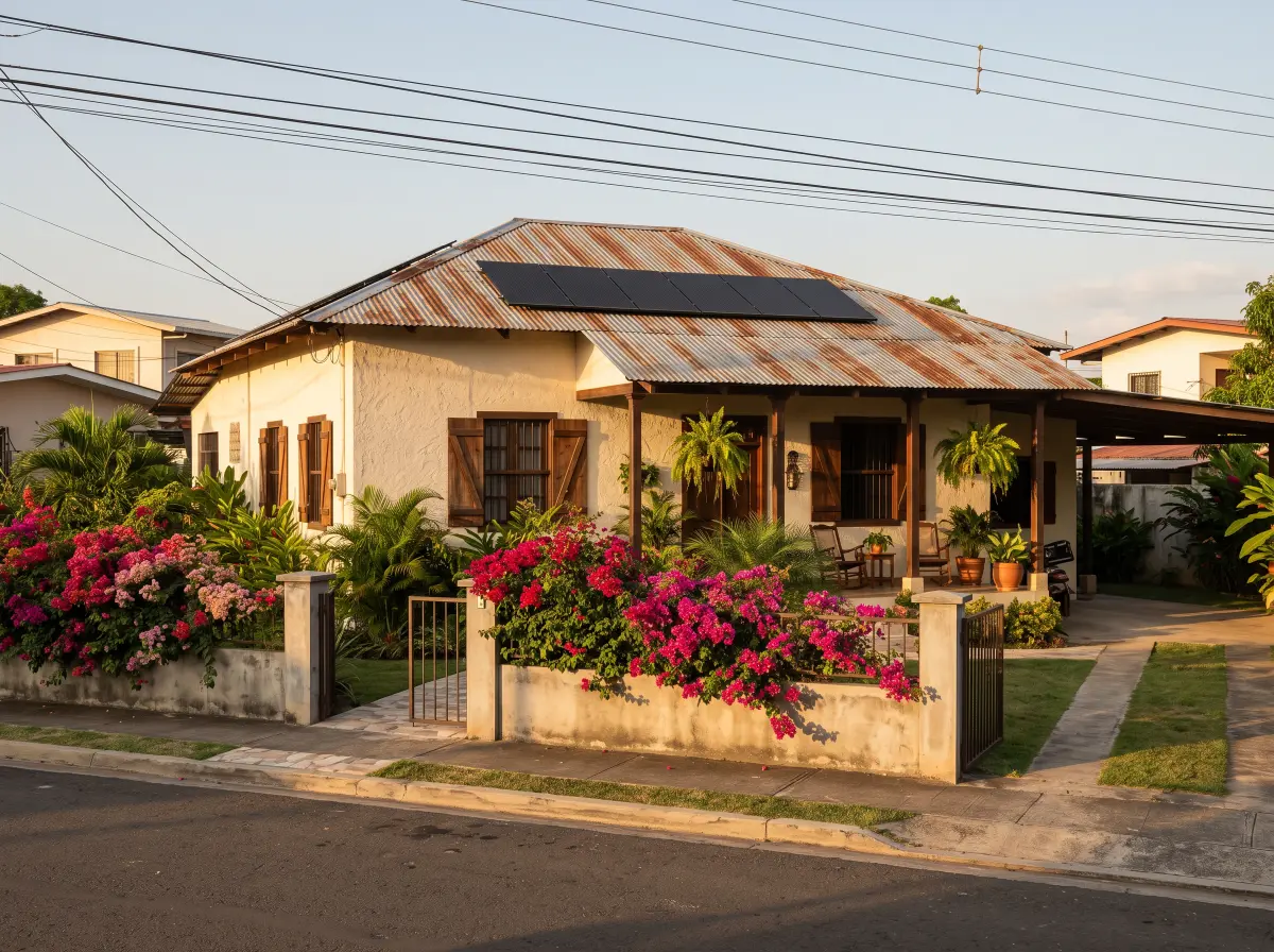 Ilustración: casa familiar de estilo colonial en Chitré con paneles solares
