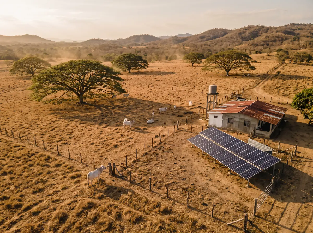 Ilustración: finca ganadera en Los Santos con sistema solar en tierra