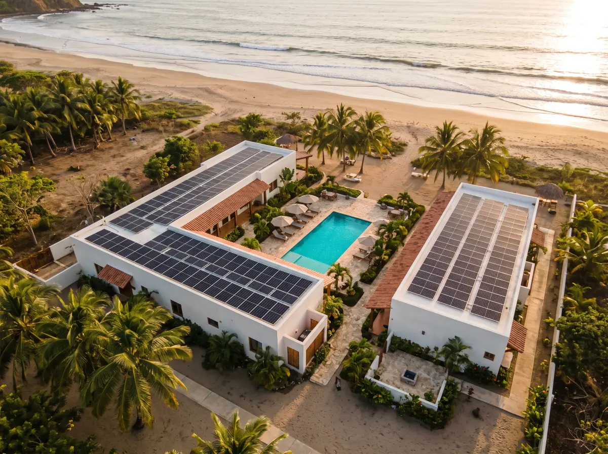 Ilustración: hotel boutique frente al mar en Pedasí con paneles solares en el techo