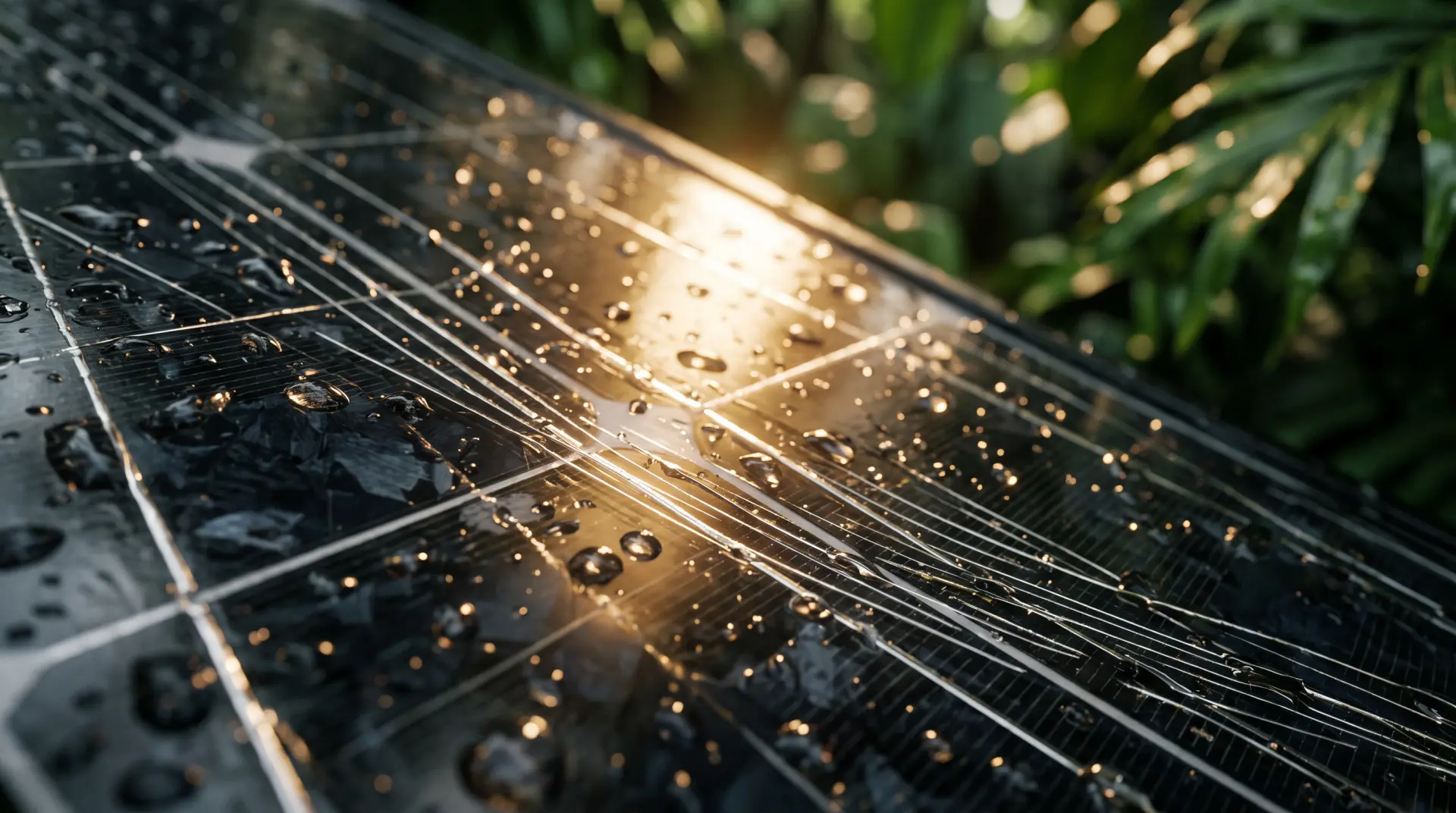 Paneles solares negros con gotas de lluvia tropical y reflejo dorado del sol